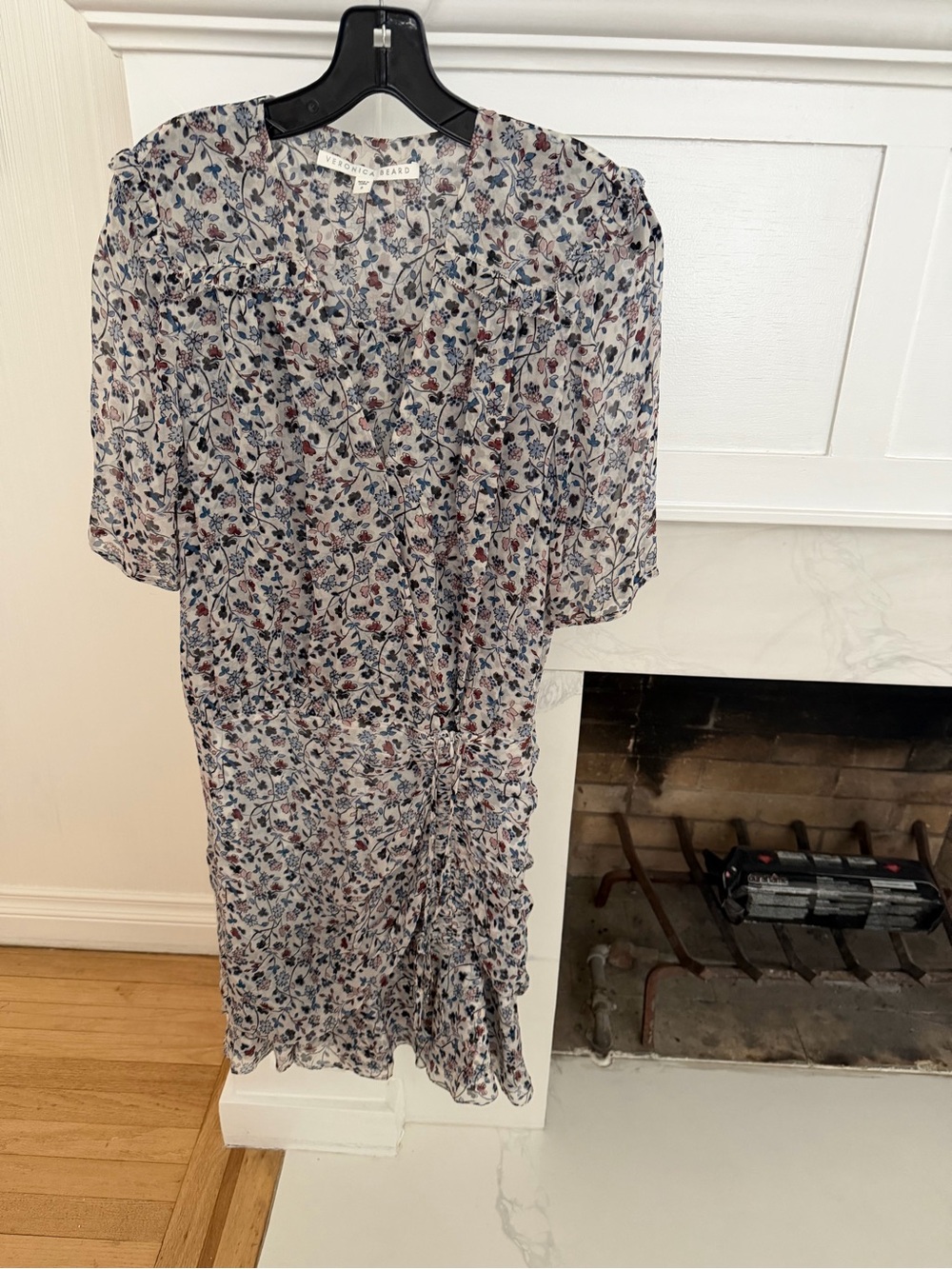 Veronica Beard Floral Ruched Midi Dress in Light Gray and Blue